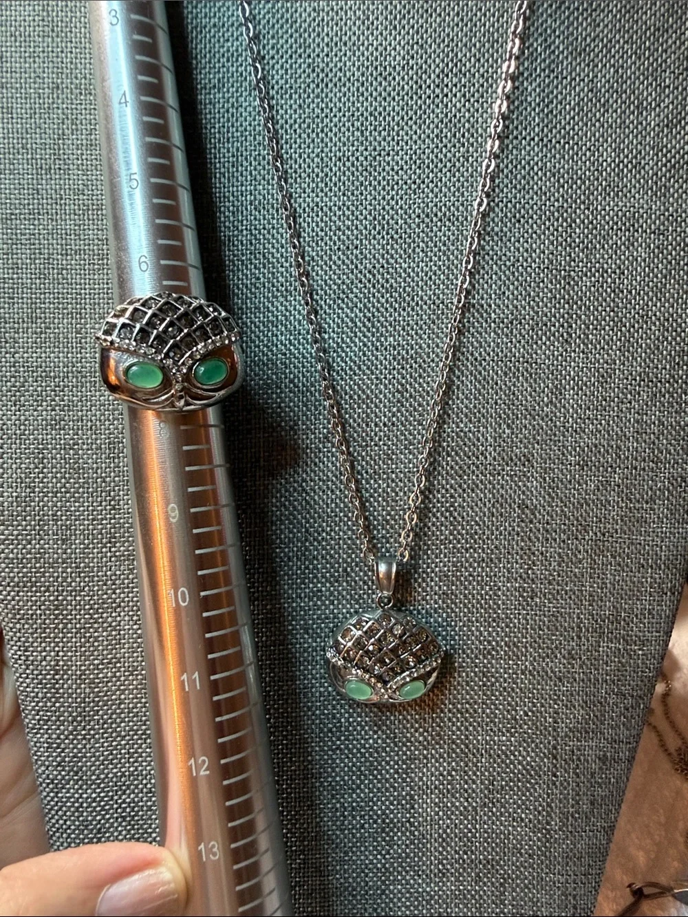 Silver Tone Owl Pendant Necklace and Ring Set with Green Stone Accents